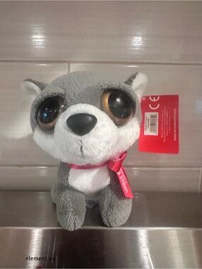 Gray and White Plush Husky Stuffed Animal with Pink Ribbon